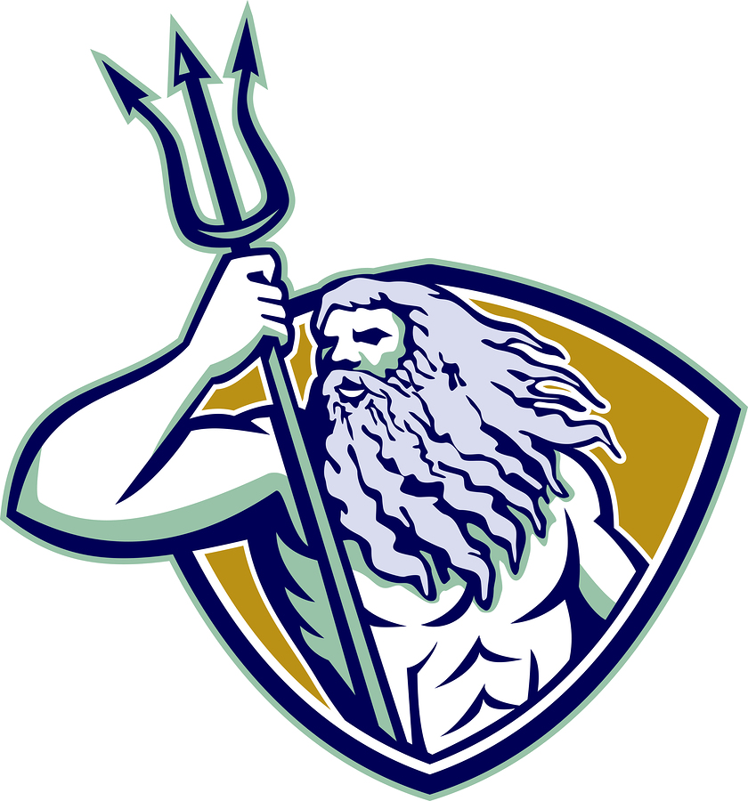 Poseidon with trident on a shield.