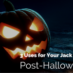 jack-o-lantern aglow with text three uses for your jack O'Lantern post Halloween.