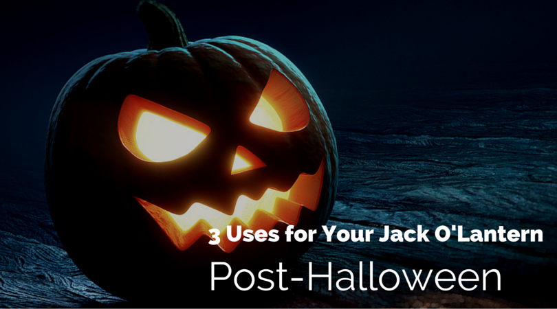 jack-o-lantern aglow with text three uses for your jack O'Lantern post Halloween.