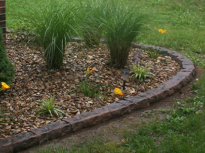 Black brick curbing surrounding rocks and ferns